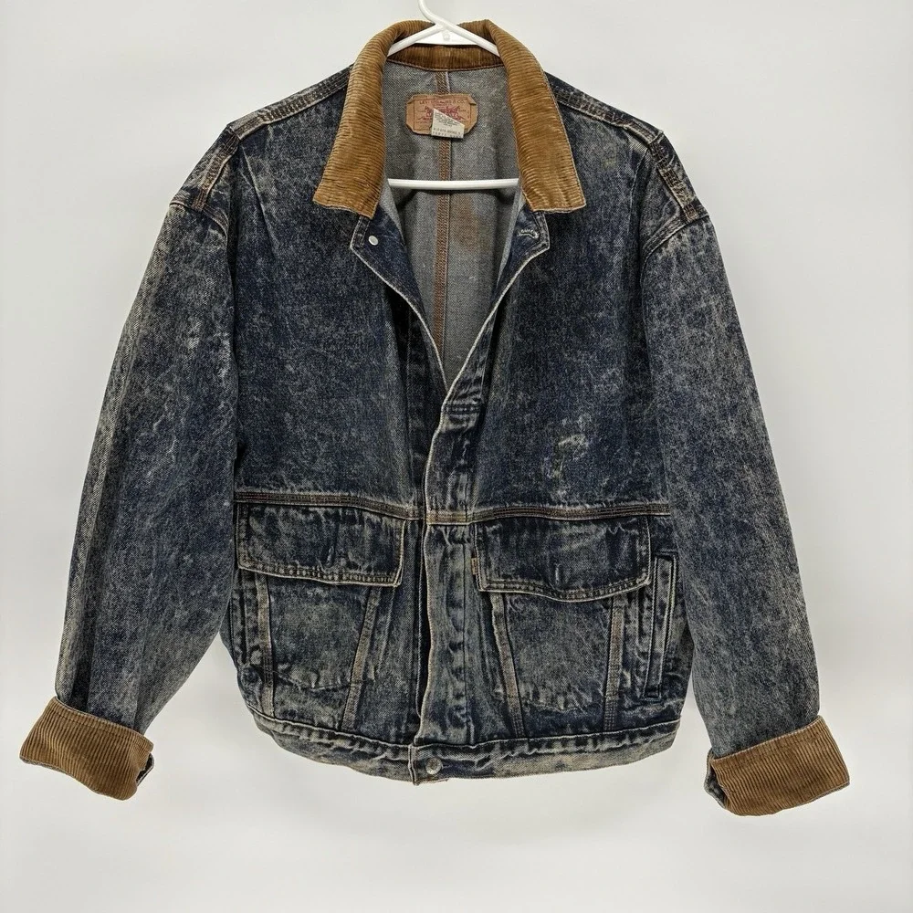 Vintage 80s Levis Denim Chore Jacket A-2 Bomber Buckle Back Orange Tab USA M